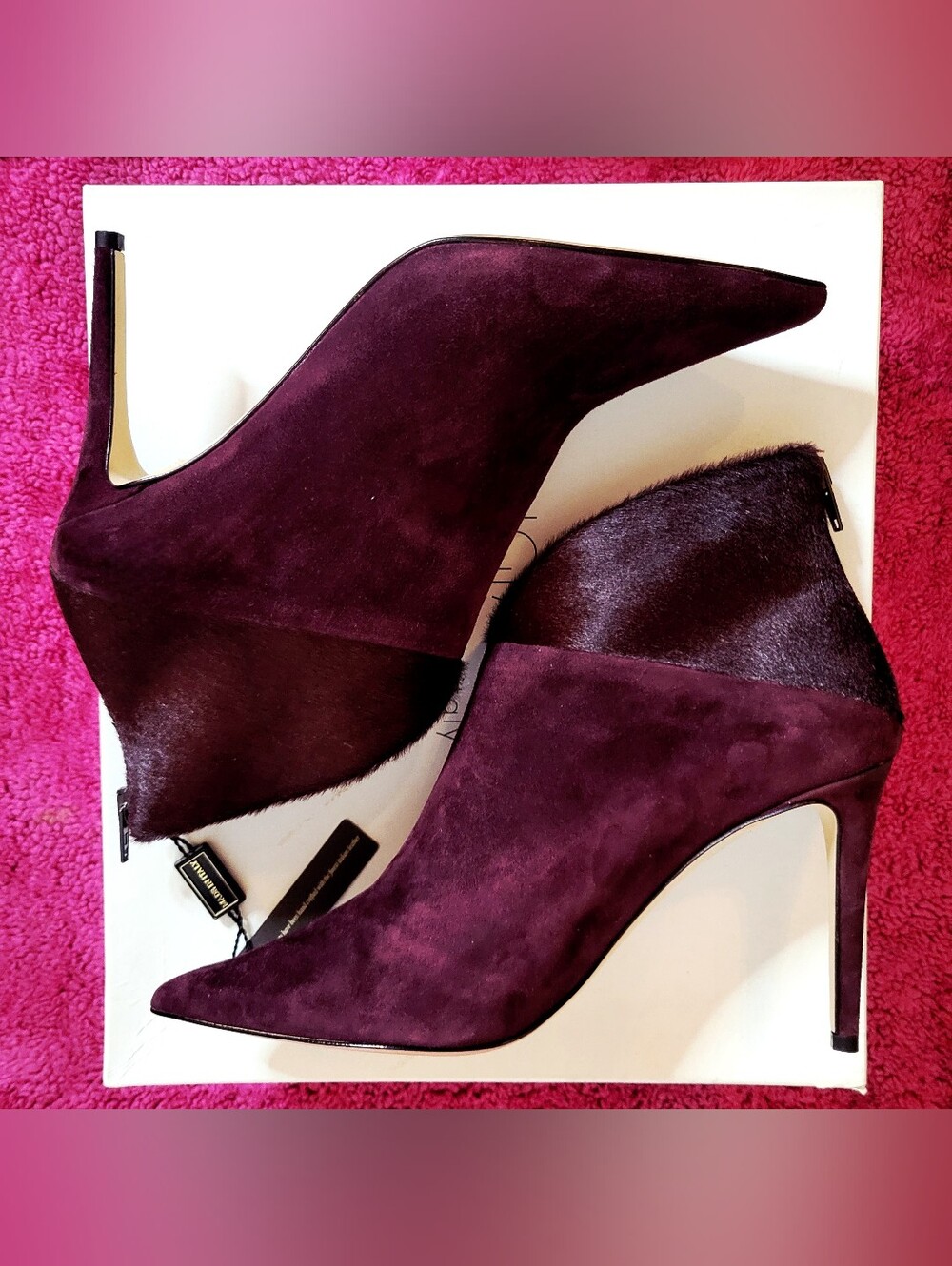 NWT Made in Italy Burgundy/Wine Hair Calf and Leather Stiletto Boots, Size 9